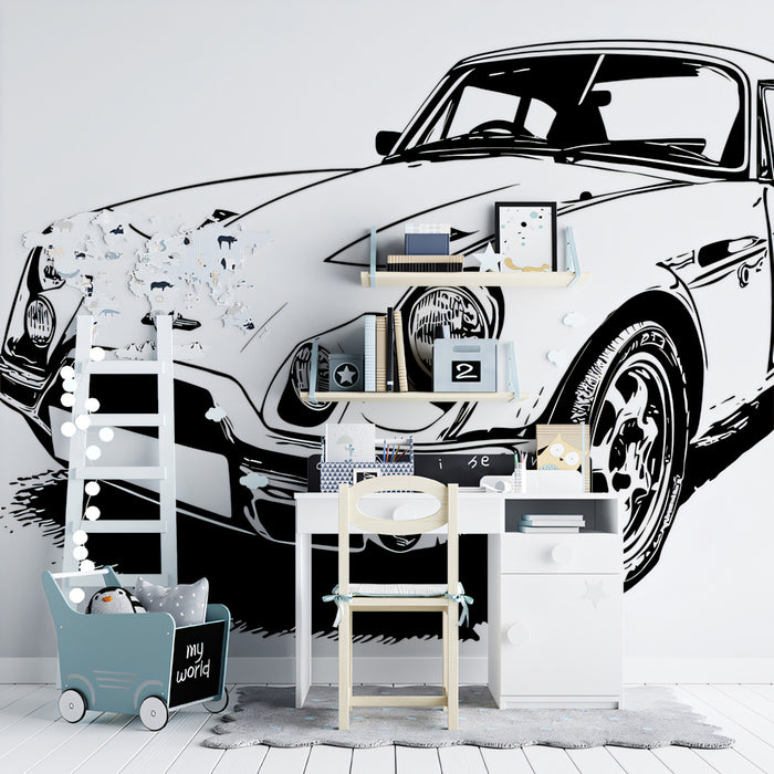 Classic Sports Car Ink Sketch Mural Wallpaper | High Contrast, Black and White, Retro Automotive Art