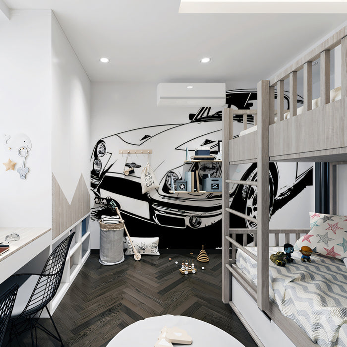 Classic Sports Car Ink Sketch Mural Wallpaper | High Contrast, Black and White, Retro Automotive Art