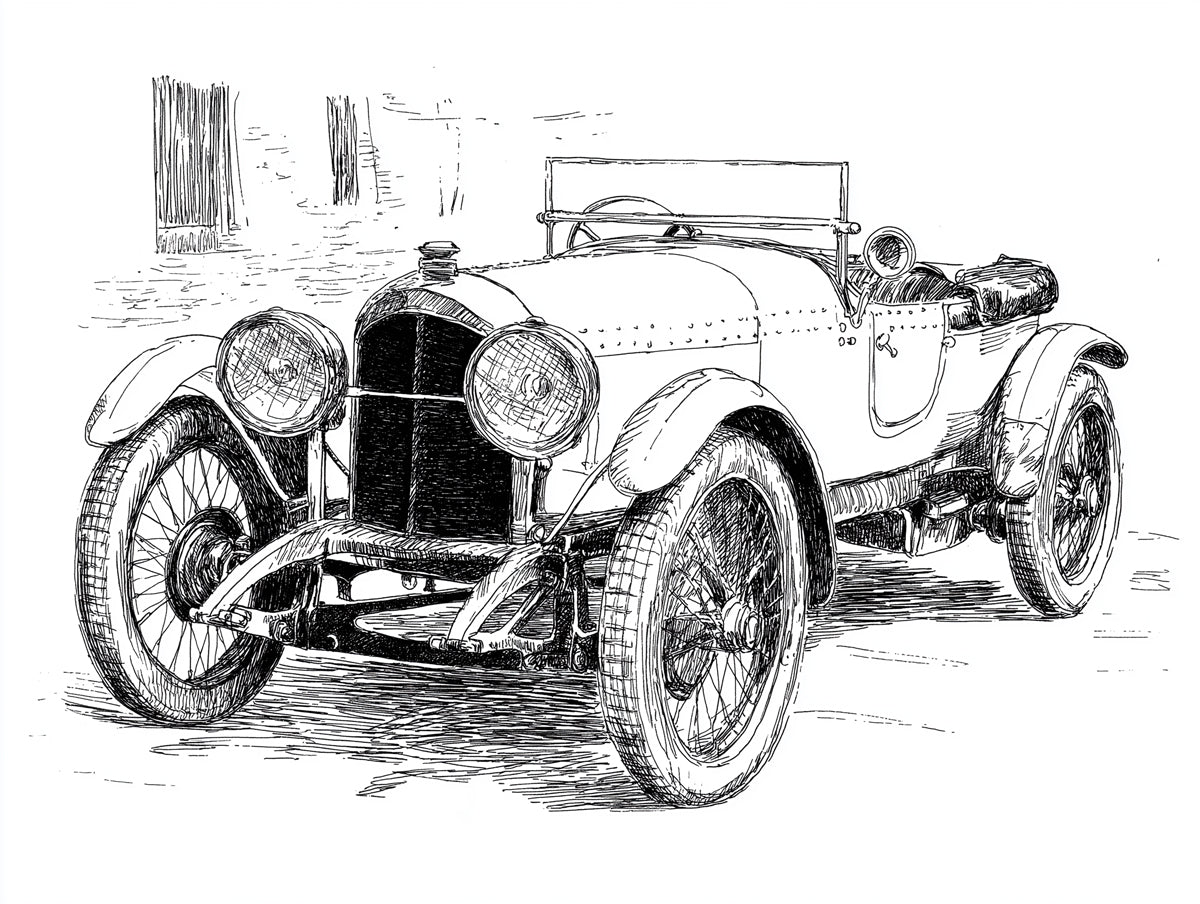 Vintage Roadster Pen Sketch Mural Wallpaper | Classic Car Art, Detailed Linework, Historical Vehicle