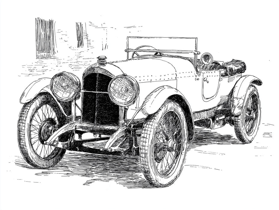 Vintage Roadster Pen Sketch Mural Wallpaper | Classic Car Art, Detailed Linework, Historical Vehicle