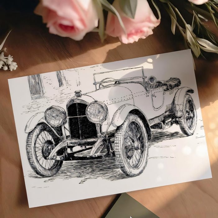 Vintage Roadster Pen Sketch Mural Wallpaper | Classic Car Art, Detailed Linework, Historical Vehicle