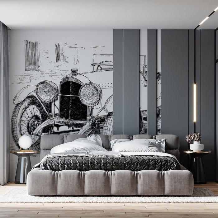 Vintage Roadster Pen Sketch Mural Wallpaper | Classic Car Art, Detailed Linework, Historical Vehicle