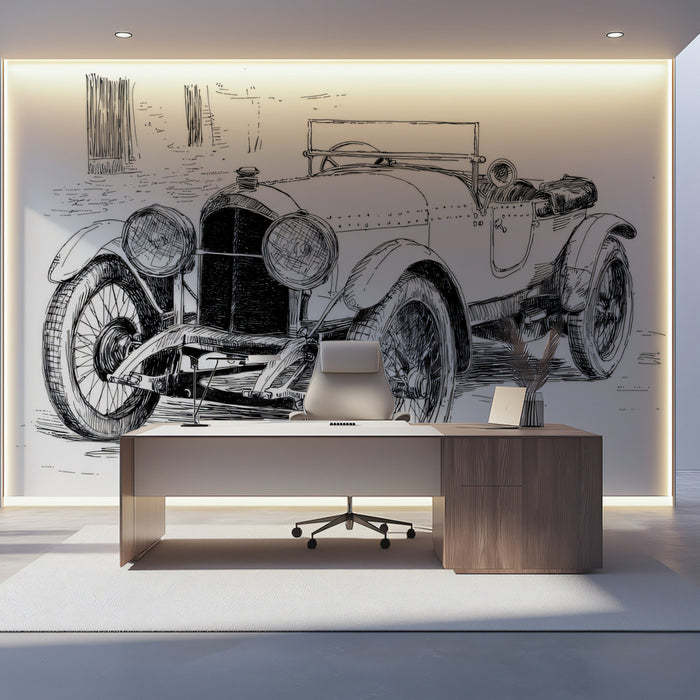 Vintage Roadster Pen Sketch Mural Wallpaper | Classic Car Art, Detailed Linework, Historical Vehicle