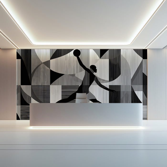 Abstract Basketball Geometric Mural Wallpaper | Black and White Contrast, Dynamic Silhouette, Pop Art Motif