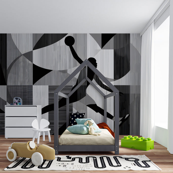 Abstract Basketball Geometric Mural Wallpaper | Black and White Contrast, Dynamic Silhouette, Pop Art Motif