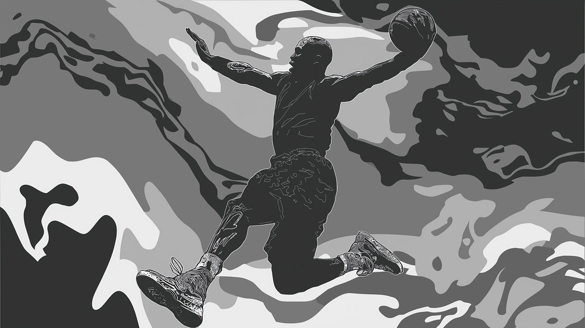 Basketball Dunk Camouflage Mural Wallpaper | Monochrome Tones, Abstract Camo Pattern, Dynamic Figure