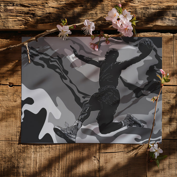 Basketball Dunk Camouflage Mural Wallpaper | Monochrome Tones, Abstract Camo Pattern, Dynamic Figure