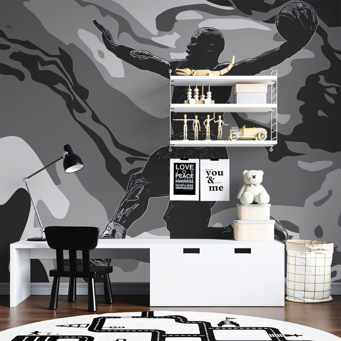 Basketball Dunk Camouflage Mural Wallpaper | Monochrome Tones, Abstract Camo Pattern, Dynamic Figure