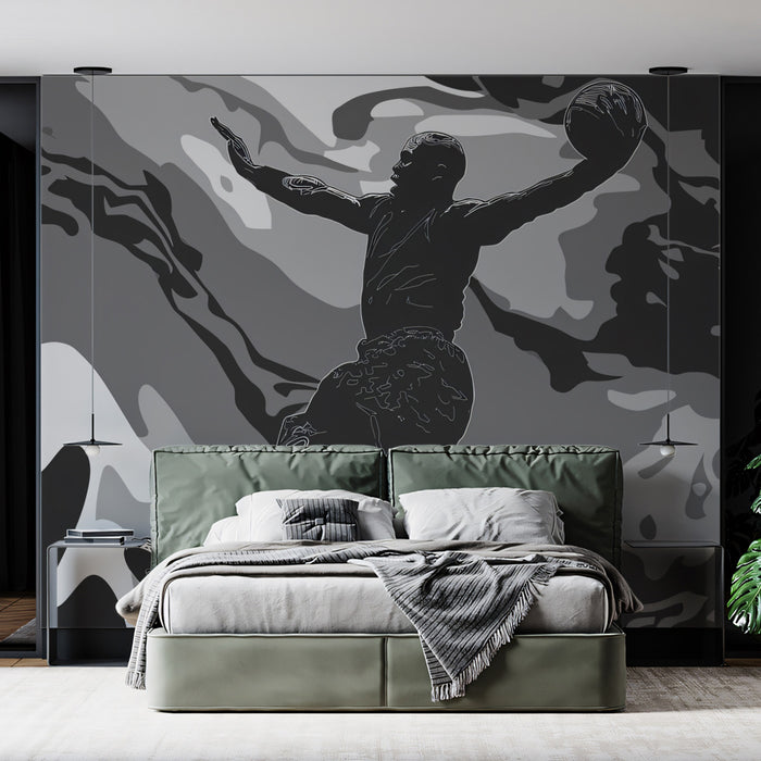 Basketball Dunk Camouflage Mural Wallpaper | Monochrome Tones, Abstract Camo Pattern, Dynamic Figure