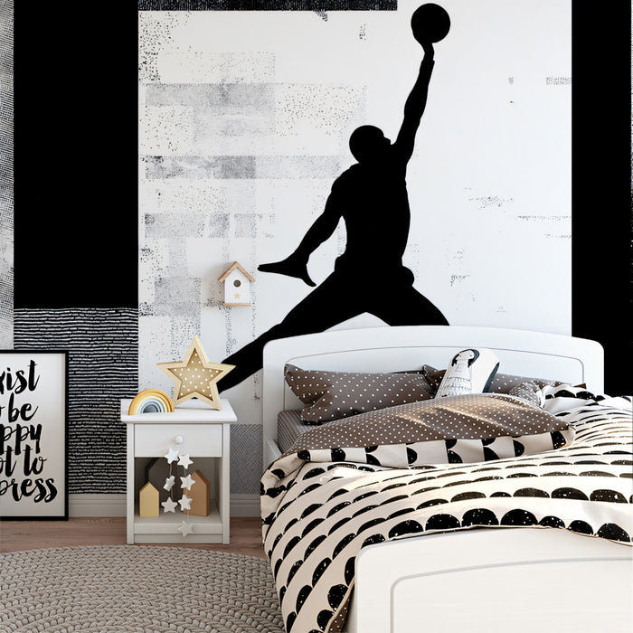 Basketball Jump Blackout Mural Wallpaper | Abstract Grunge Blocks, High Contrast, Dynamic Silhouette