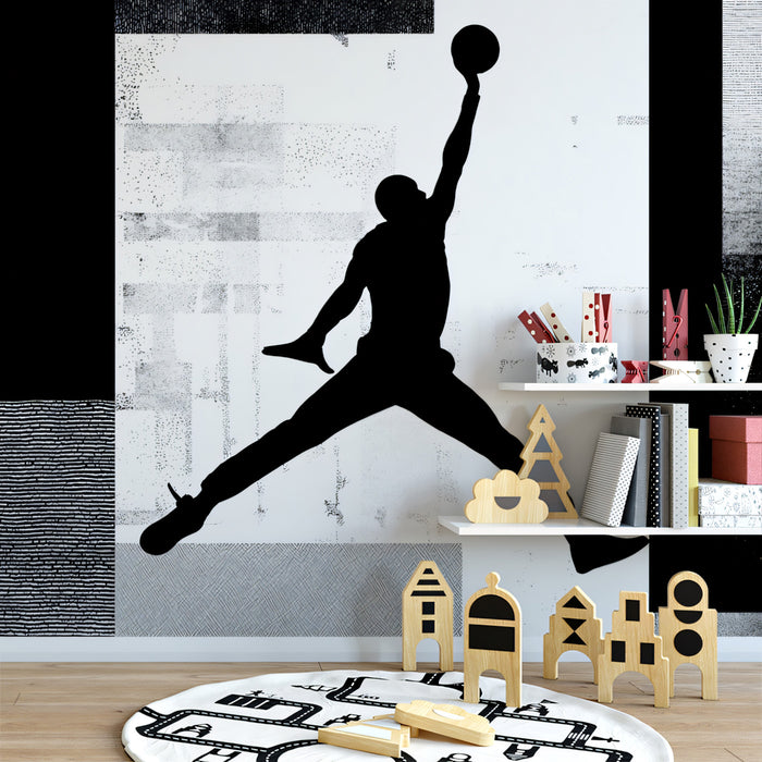 Basketball Jump Blackout Mural Wallpaper | Abstract Grunge Blocks, High Contrast, Dynamic Silhouette