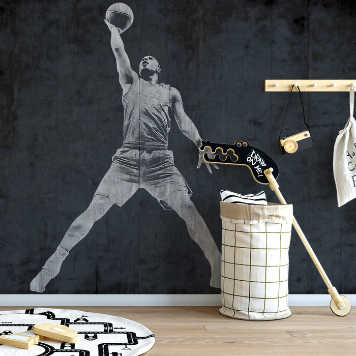 Iconic Basketball Silhouette Mural Wallpaper | Grunge Texture, Monochrome Gray, High-Contrast Form