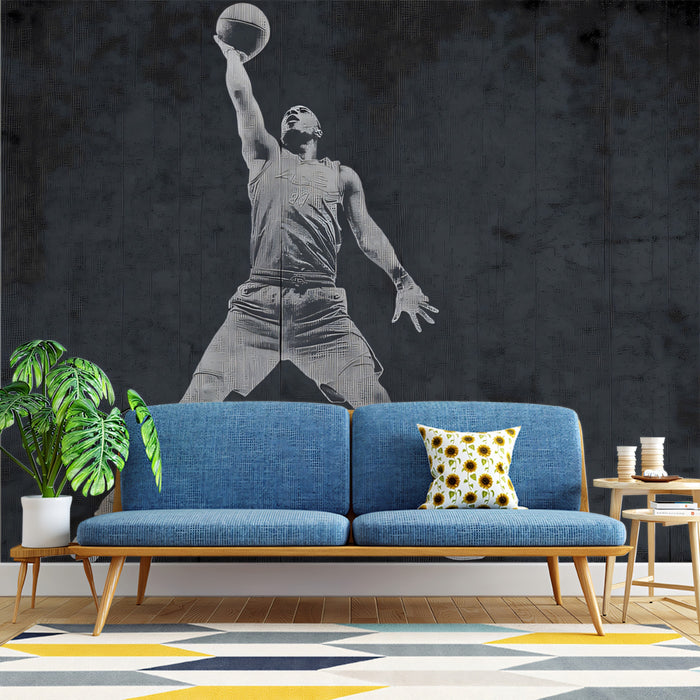 Iconic Basketball Silhouette Mural Wallpaper | Grunge Texture, Monochrome Gray, High-Contrast Form