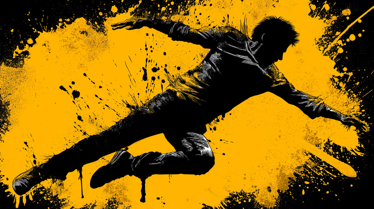 Urban Acrobat Jump Silhouette Mural Wallpaper | Black and Yellow Contrast, Aggressive Splatter, Dynamic Action