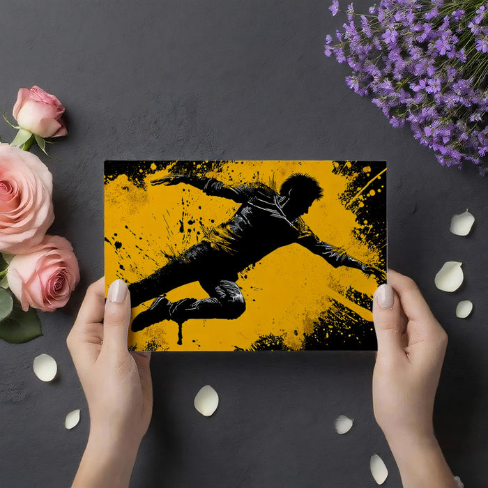 Urban Acrobat Jump Silhouette Mural Wallpaper | Black and Yellow Contrast, Aggressive Splatter, Dynamic Action
