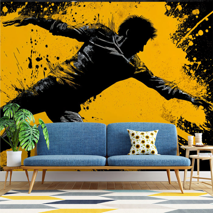 Urban Acrobat Jump Silhouette Mural Wallpaper | Black and Yellow Contrast, Aggressive Splatter, Dynamic Action