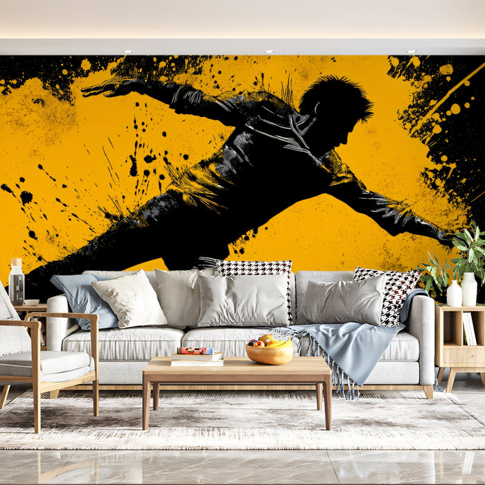 Urban Acrobat Jump Silhouette Mural Wallpaper | Black and Yellow Contrast, Aggressive Splatter, Dynamic Action