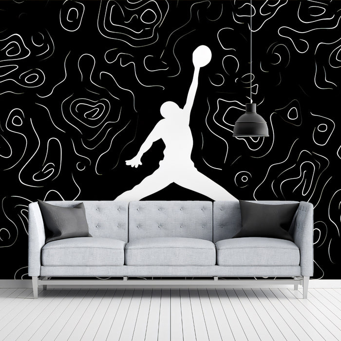 Basketball Jump Contour Line Mural Wallpaper | High Contrast, Abstract Topography, Black and White Graphic