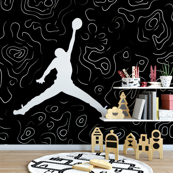 Basketball Jump Contour Line Mural Wallpaper | High Contrast, Abstract Topography, Black and White Graphic