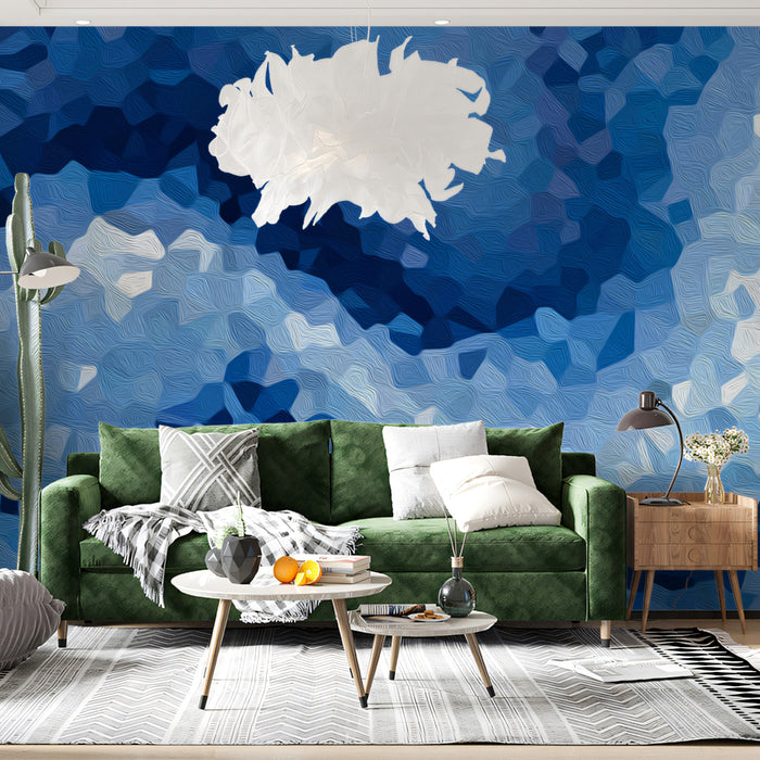 Abstract Blue Wave Mosaic Mural Wallpaper | Geometric Pattern, Expressionist Texture, Cool Water Tones