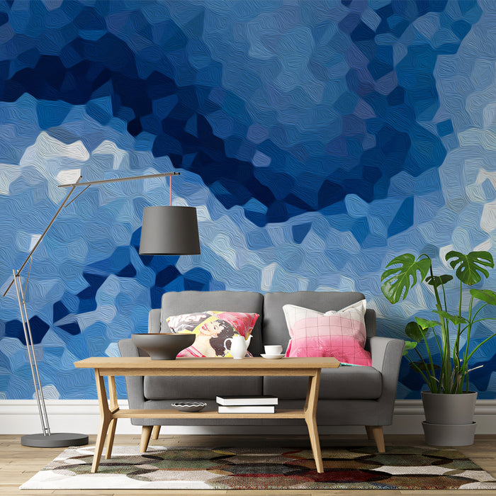 Abstract Blue Wave Mosaic Mural Wallpaper | Geometric Pattern, Expressionist Texture, Cool Water Tones