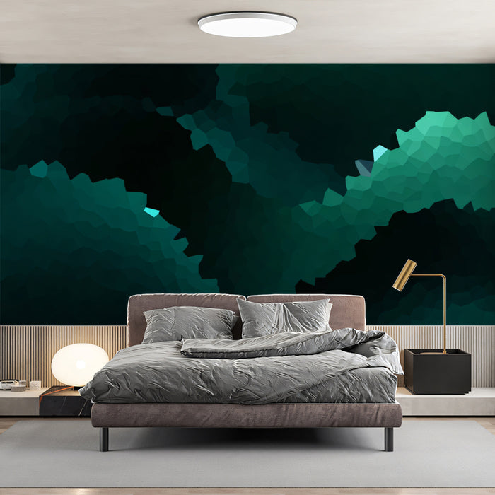 Abstract Dark Teal Mosaic Mural Wallpaper | Geometric Pattern, High Contrast, Deep Green and Blue Tones