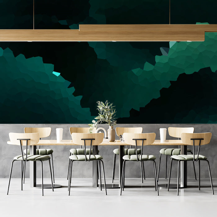 Abstract Dark Teal Mosaic Mural Wallpaper | Geometric Pattern, High Contrast, Deep Green and Blue Tones