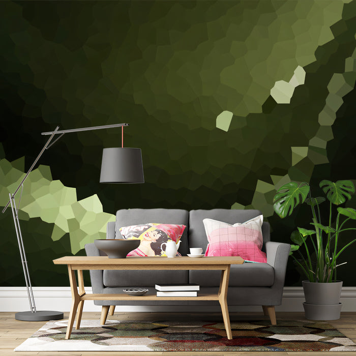 Abstract Olive Green Mosaic Mural Wallpaper | Geometric Pattern, Dark Monochrome, Earthy Texture