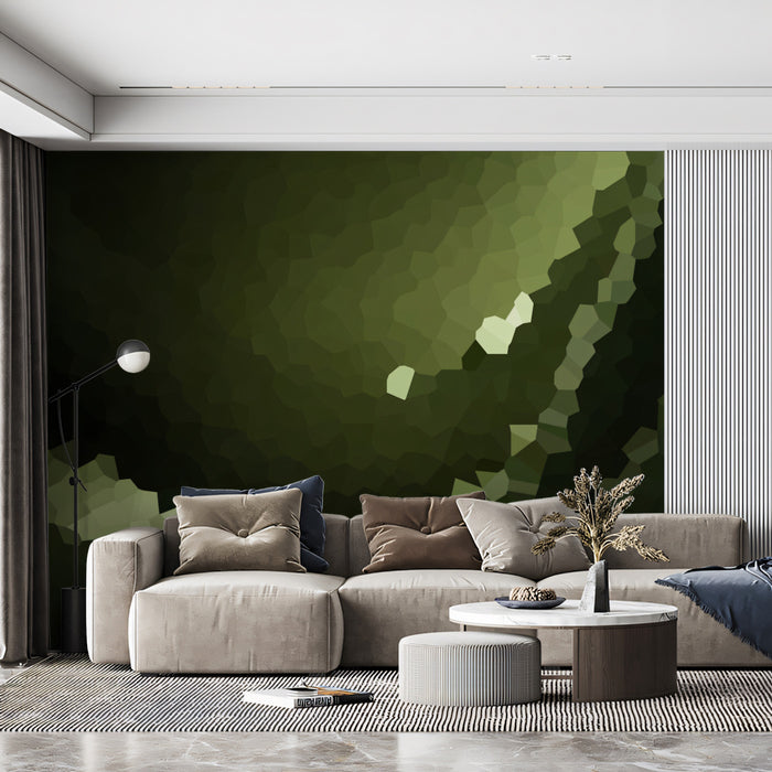 Abstract Olive Green Mosaic Mural Wallpaper | Geometric Pattern, Dark Monochrome, Earthy Texture