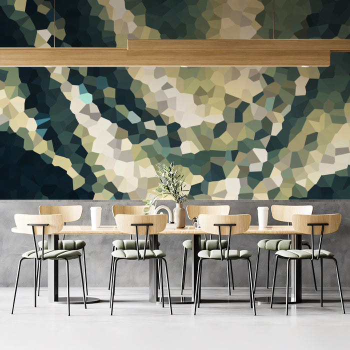 Abstract Gold and Teal Mosaic Mural Wallpaper | Geometric Pattern, Earthy Green and Light Contrast, Dynamic Shimmer