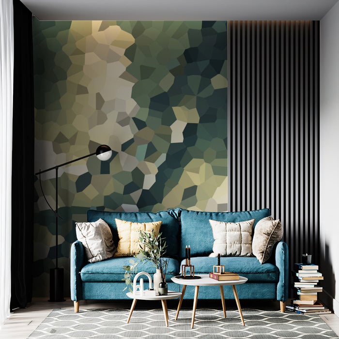 Abstract Gold and Teal Mosaic Mural Wallpaper | Geometric Pattern, Earthy Green and Light Contrast, Dynamic Shimmer