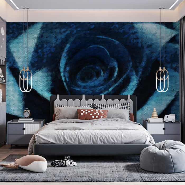 Deep Blue Rose Oil Painting Mural Wallpaper | High Texture, Dramatic Floral Close-up, Expressionist Art