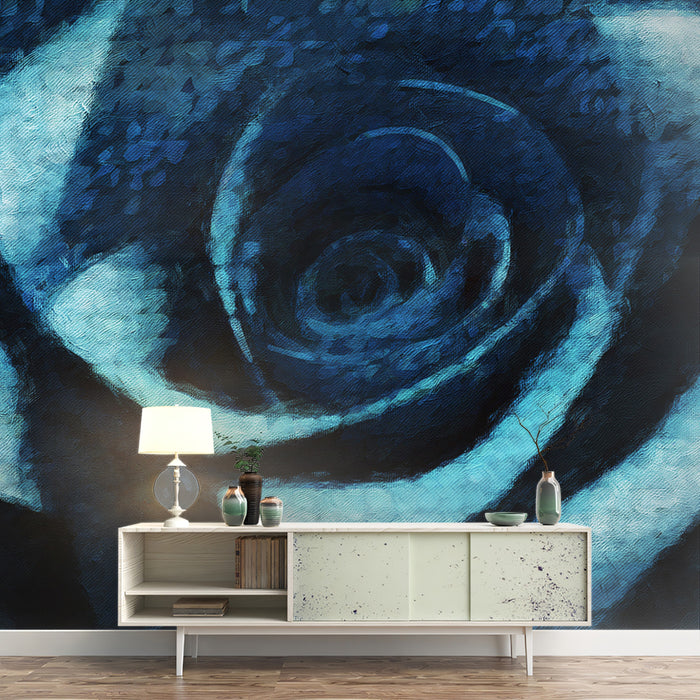 Deep Blue Rose Oil Painting Mural Wallpaper | High Texture, Dramatic Floral Close-up, Expressionist Art