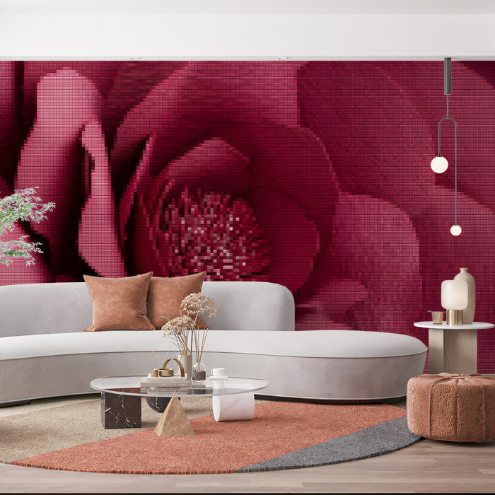 Pixel Mosaic Magenta Rose Mural Wallpaper | Geometric Texture, Floral Close-up, High-Saturation Pink