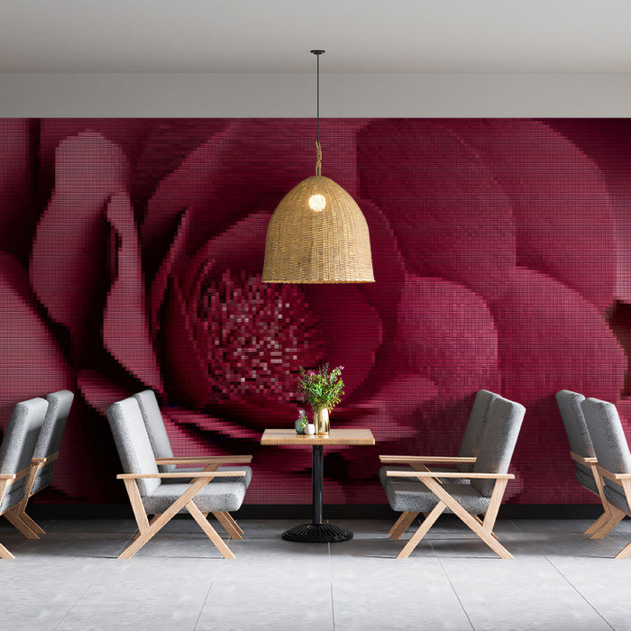 Pixel Mosaic Magenta Rose Mural Wallpaper | Geometric Texture, Floral Close-up, High-Saturation Pink
