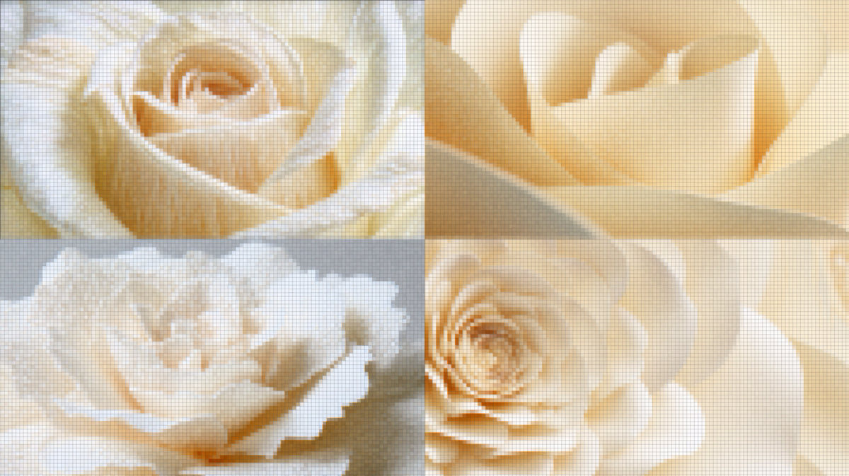 Quad Rose Mosaic Panel Mural Wallpaper | Soft Cream and White Tones, Geometric Texture, Floral Array