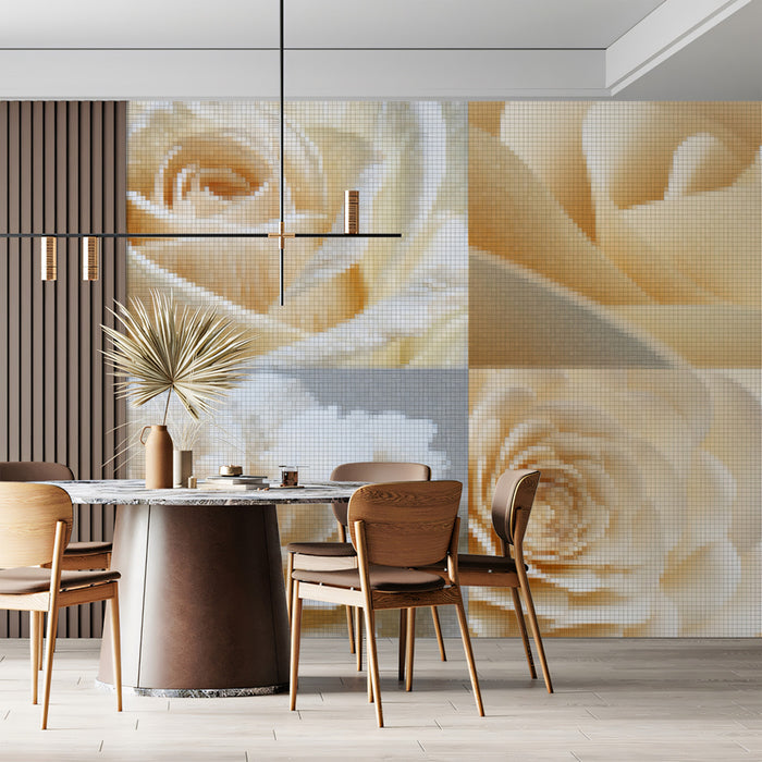 Quad Rose Mosaic Panel Mural Wallpaper | Soft Cream and White Tones, Geometric Texture, Floral Array
