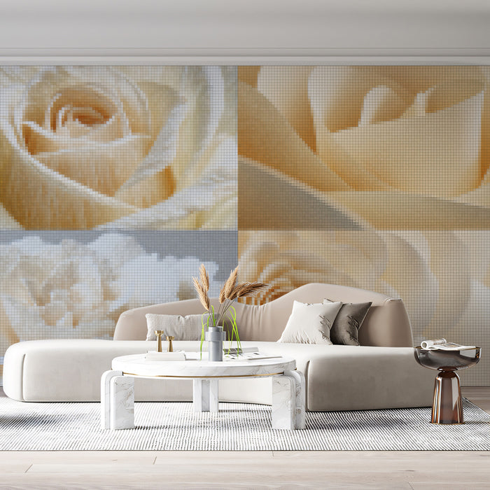 Quad Rose Mosaic Panel Mural Wallpaper | Soft Cream and White Tones, Geometric Texture, Floral Array
