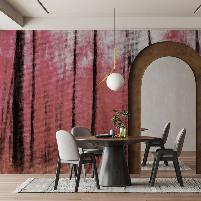 Abstract Pink Forest Oil Painting Mural Wallpaper | Vertical Motion Blur, Dark Trunks, Expressionist Texture