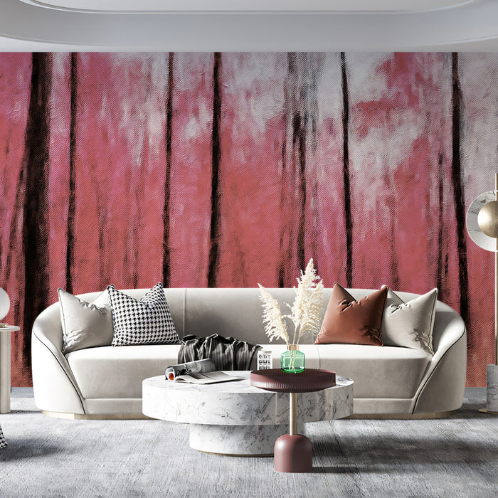 Abstract Pink Forest Oil Painting Mural Wallpaper | Vertical Motion Blur, Dark Trunks, Expressionist Texture