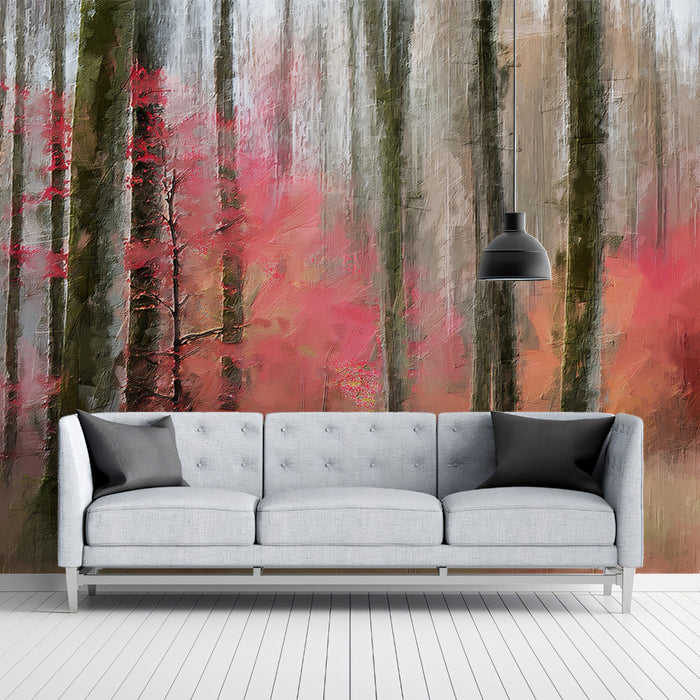 Pink and Gray Forest Oil Painting Mural Wallpaper | Motion Blur, Vertical Lines, Romantic Autumn Scene