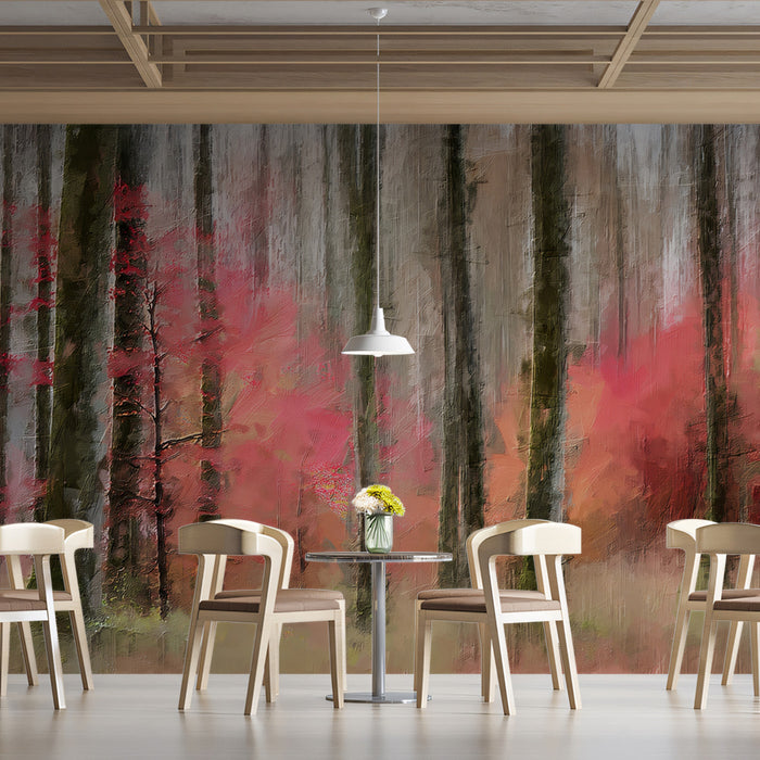 Pink and Gray Forest Oil Painting Mural Wallpaper | Motion Blur, Vertical Lines, Romantic Autumn Scene