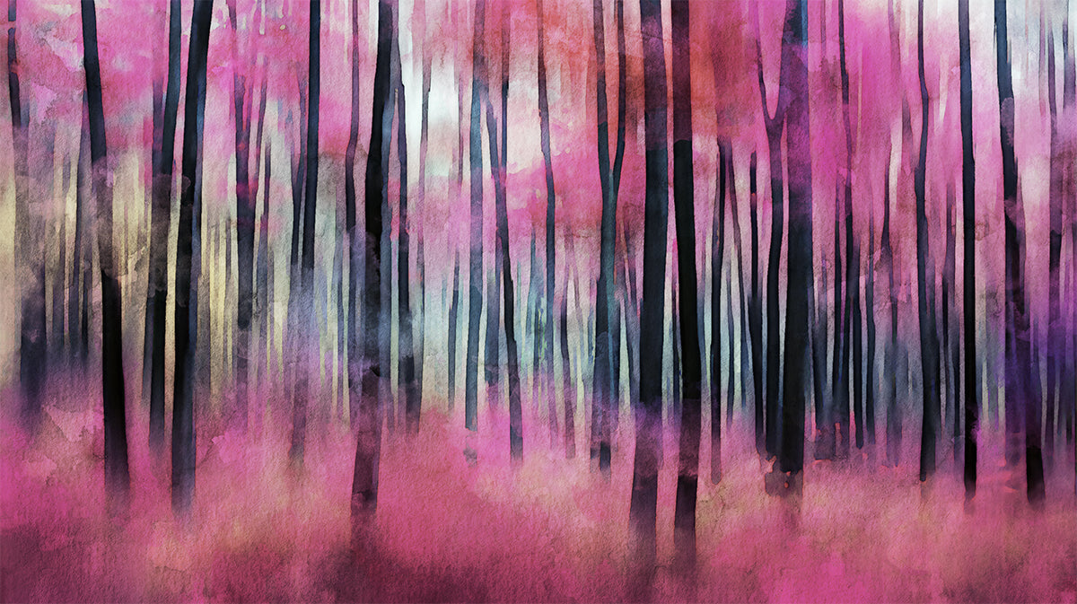 Watercolor Pink Forest Blur Mural Wallpaper | Expressive Washes, Dark Trunks, Surreal Landscape