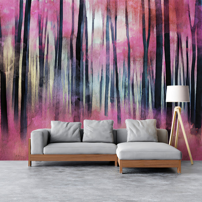 Watercolor Pink Forest Blur Mural Wallpaper | Expressive Washes, Dark Trunks, Surreal Landscape