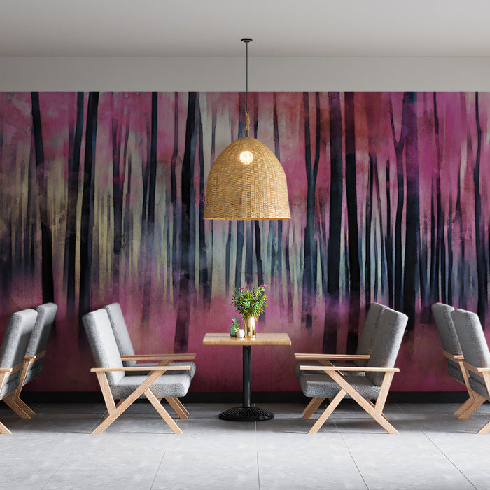 Watercolor Pink Forest Blur Mural Wallpaper | Expressive Washes, Dark Trunks, Surreal Landscape