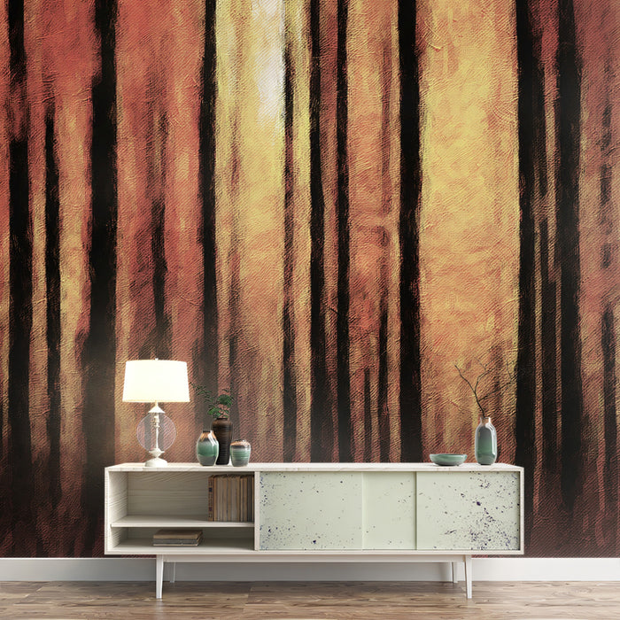 Abstract Orange Forest Oil Painting Mural Wallpaper | Vertical Lines, Dark Trunks, Intense Warm Glow