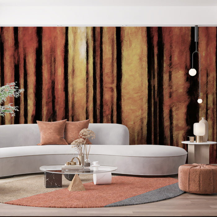 Abstract Orange Forest Oil Painting Mural Wallpaper | Vertical Lines, Dark Trunks, Intense Warm Glow