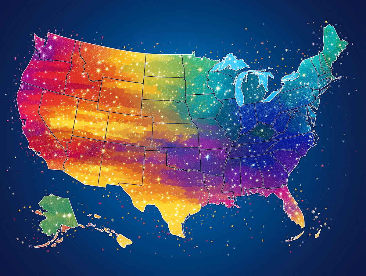 Rainbow Starburst USA Map Mural Wallpaper | Vibrant Colors, Glitter Effect, Patriotic Night Sky Theme