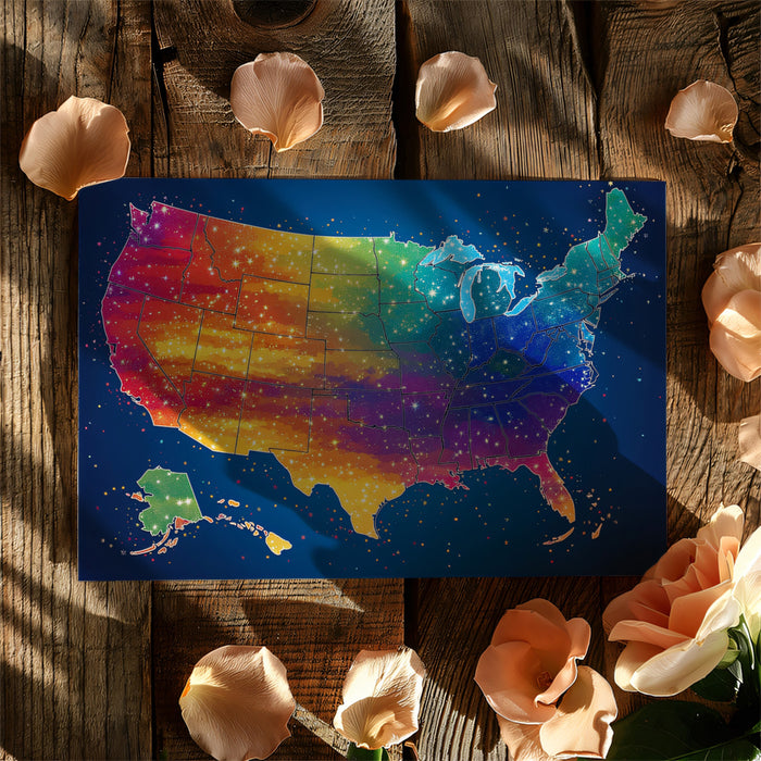 Rainbow Starburst USA Map Mural Wallpaper | Vibrant Colors, Glitter Effect, Patriotic Night Sky Theme