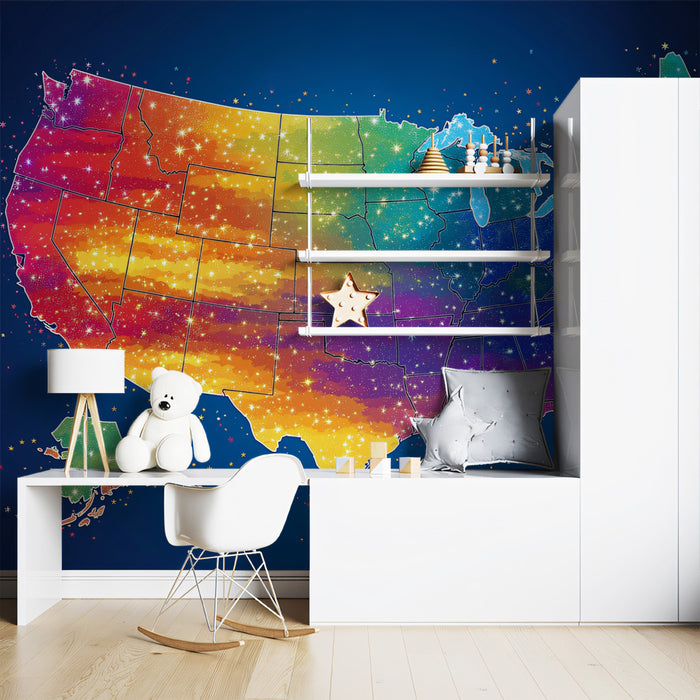 Rainbow Starburst USA Map Mural Wallpaper | Vibrant Colors, Glitter Effect, Patriotic Night Sky Theme